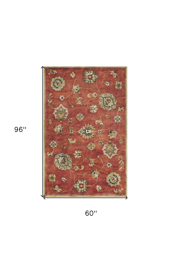 Homeroots 5' X 8' Red Hand Tufted Traditional Floral Indoor Area Rug  Wool 353134