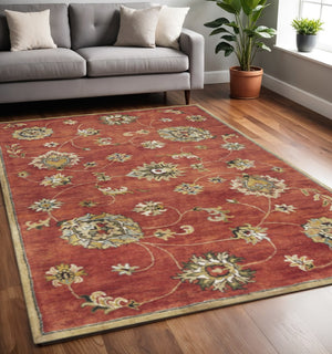 HomeRoots 8' Hand-Tufted Wool Area Rug with Timeless Floral Vines in Sienna Gold and Green for Elegant Spaces 5" x 8" 353138