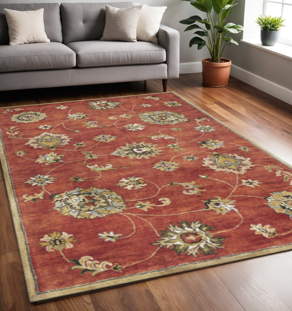 HomeRoots 8' Hand-Tufted Wool Area Rug with Timeless Floral Vines in Sienna Gold and Green for Elegant Spaces 5" x 8" 353138