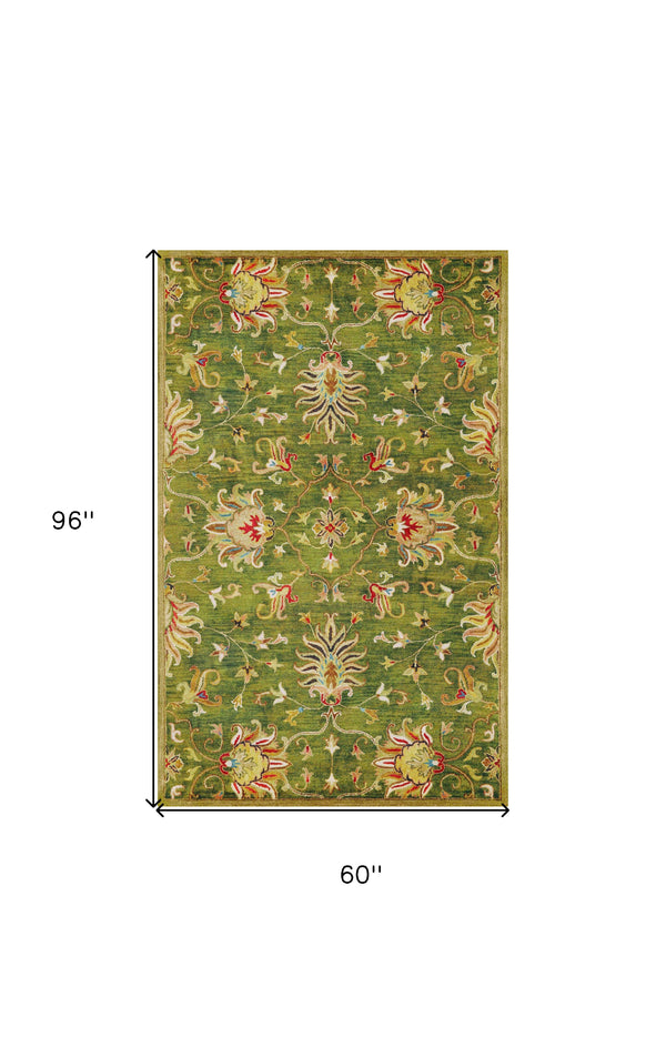 Homeroots 5' X 8' Green And Red Wool Floral Vines Hand Tufted Area Rug  Wool 353139