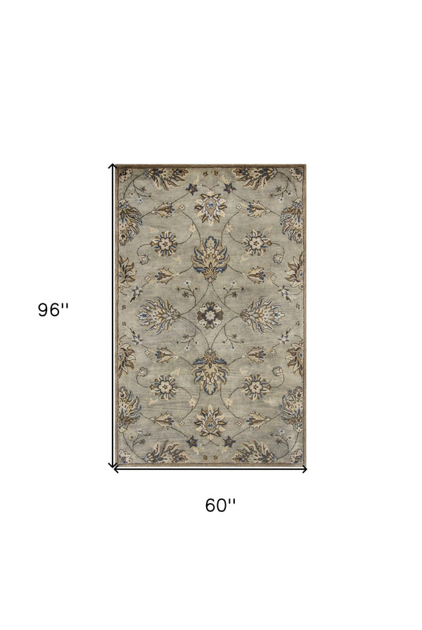 HomeRoots 8' Hand-Tufted Wool Floral Area Rug in Gray, Ivory & Brown - Elegant Design for Timeless Décor 5' X 8' 353141