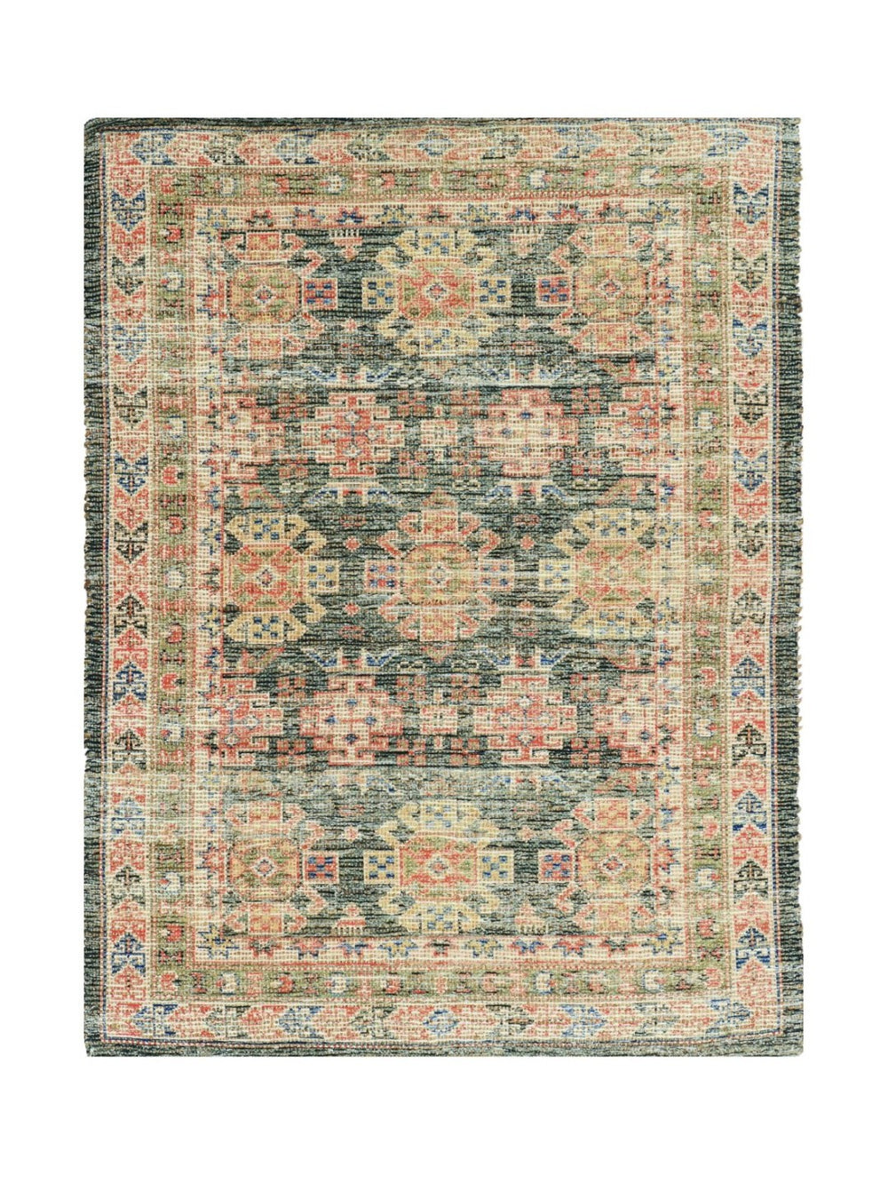 HomeRoots 5' Hand-Woven Jute Area Rug in Distressed Brick Red, Green & Brown – Rustic Southwestern Charm 7' X 9' 353142