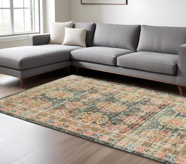 HomeRoots 5' Hand-Woven Jute Area Rug in Distressed Brick Red, Green & Brown – Rustic Southwestern Charm 7' X 9' 353142