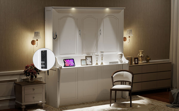 English Elm Queen Murphy Bed with Desk, Built-In LED Lights, USB Charging Ports & Space-Saving Modern Design White N7500004014K