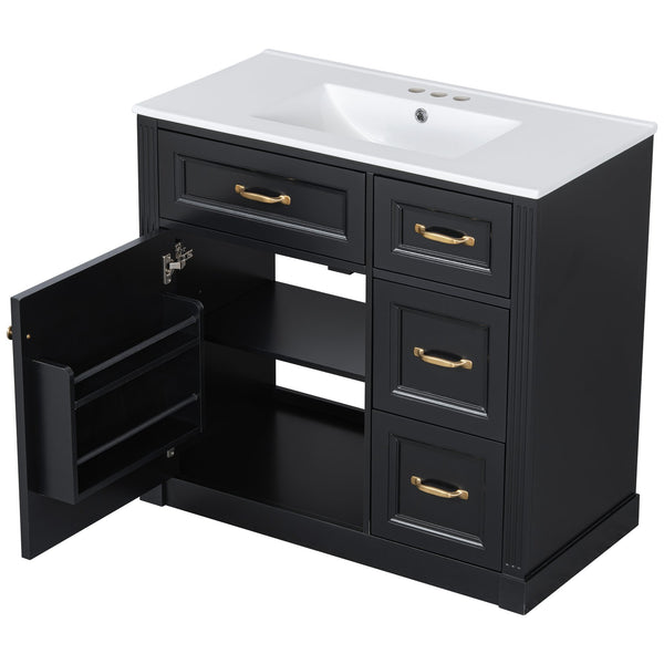 English Elm 36 Inch Bathroom Vanity With Sink & Soft-Close Drawers - Modern Black Cabinet For Smart Storage N725P336549B