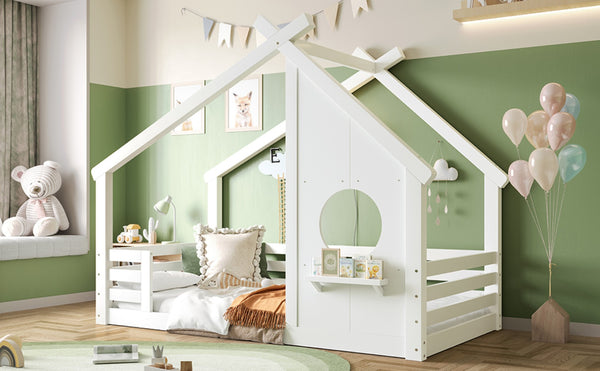 English Elm Twin House Bed Low Profile Pine Wood Frame with Shelf Montessori Kids Floor Sleeping White W5305P429642