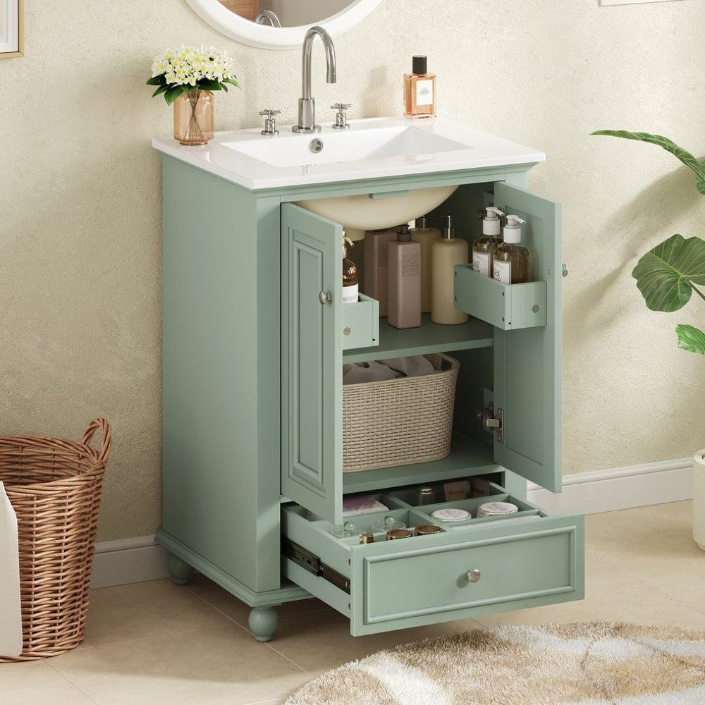 English Elm 24'' French Style Bathroom Vanity with Ceramic Sink Soft Close Cabinet and Drawer Green N710P411227F