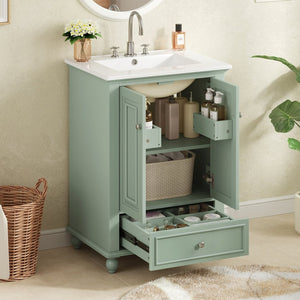 English Elm 24'' French Style Bathroom Vanity with Ceramic Sink Soft Close Cabinet and Drawer Green N710P411227F