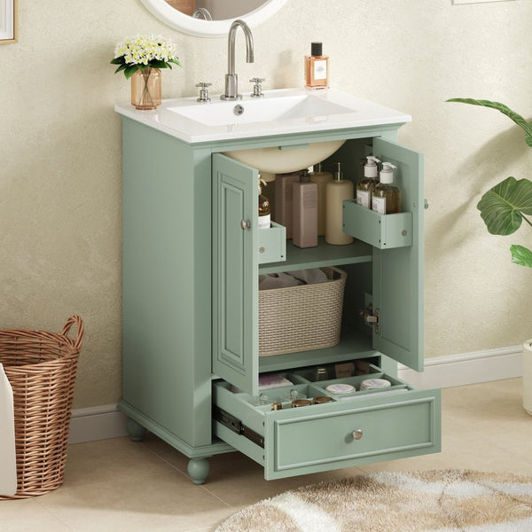 English Elm 24'' French Style Bathroom Vanity with Ceramic Sink Soft Close Cabinet and Drawer Green N710P411227F