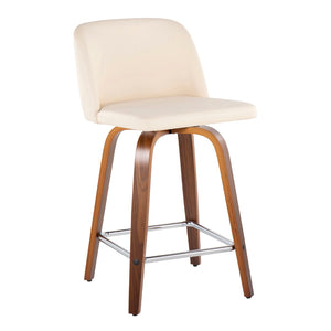 English Elm Toriano 24" Mid-Century Modern Counter Stool Set Of 2 - Cream Faux Leather, Walnut Wood & Chrome Footrest B202S00137-GIGA