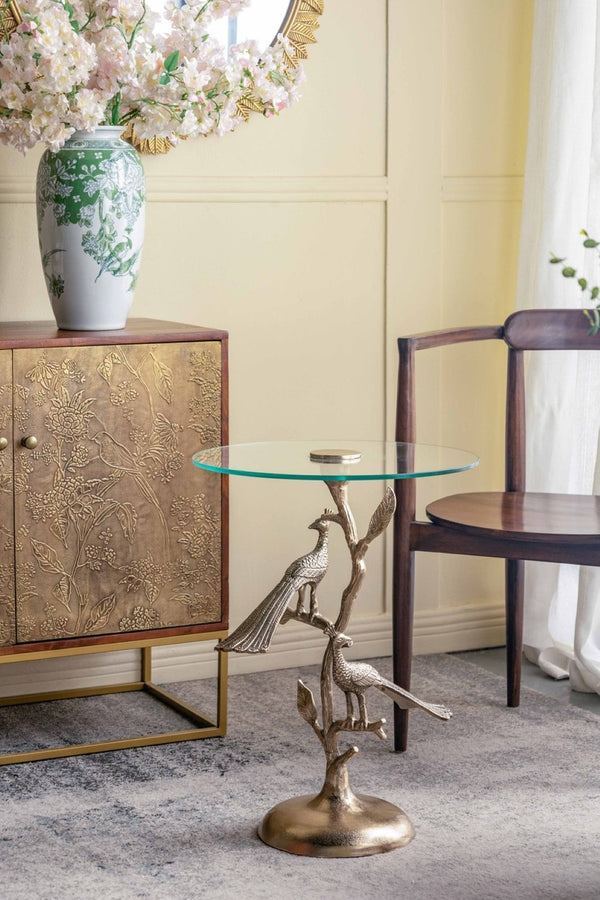 English Elm 17.7x17.7x24" Gold Peacock Round Glass Top Sculptural Aluminum Art Deco Accent Table W2078P461575