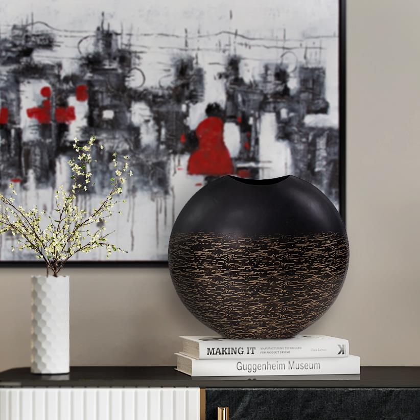 Howard Elliott Golden Thread Matte Vase With Intricate Golden Etchings For Stunning Home Décor And Elegance Black Iron 35342-howard-elliott