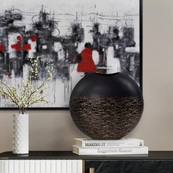 Howard Elliott Golden Thread Matte Vase With Intricate Golden Etchings For Stunning Home Décor And Elegance Black Iron 35342-howard-elliott