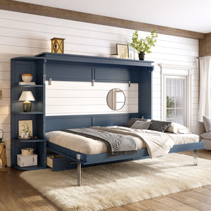 English Elm Queen Murphy Wall Bed with Side Cabinets Open Shelving and Drawers for Studio Rooms Blue W1580S00453