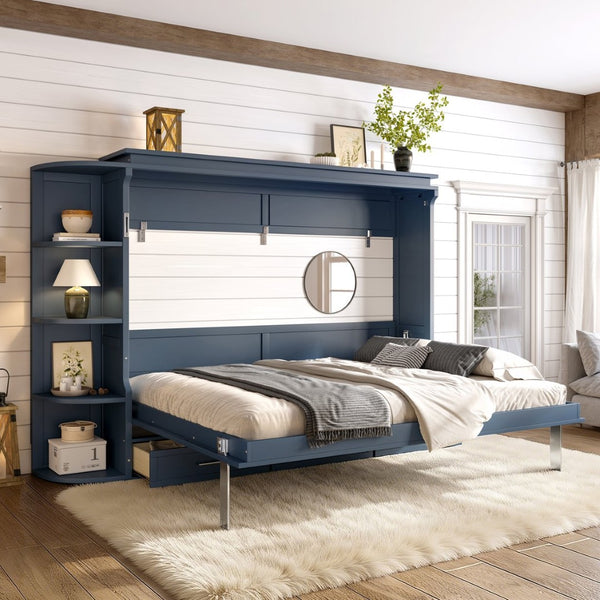 English Elm Queen Murphy Wall Bed with Side Cabinets Open Shelving and Drawers for Studio Rooms Blue W1580S00453