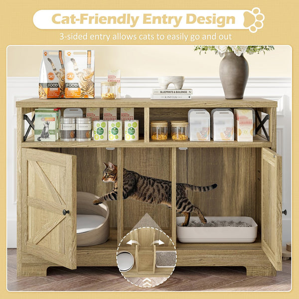 English Elm GO Double Cat Litter Box Enclosure Furniture Table for 2 Cats — Farmhouse Hidden Washroom, Brown N704P270702D