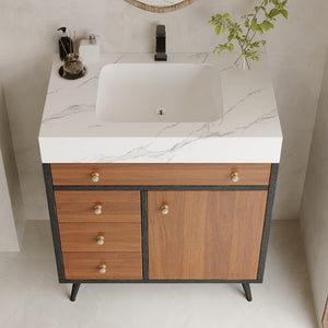 English Elm 29.9" Floating Bathroom Vanity Sintered Stone Top Soft Close Drawers Bronze Gold Hardware Black,Brown,Gold,White W3136S00046