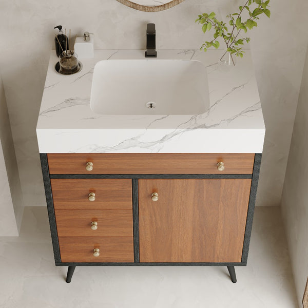 English Elm 29.9" Floating Bathroom Vanity Sintered Stone Top Soft Close Drawers Bronze Gold Hardware Black,Brown,Gold,White W3136S00046