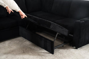 English Elm Sectional Corduroy Sleeper Sofa with Storage and Charging Ports for Small Spaces Black W1361S00078