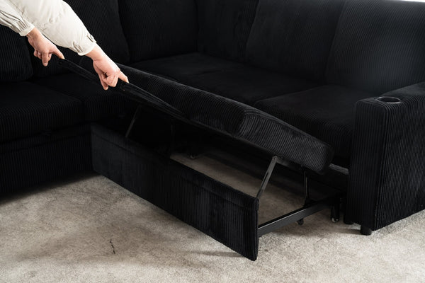 English Elm Sectional Corduroy Sleeper Sofa with Storage and Charging Ports for Small Spaces Black W1361S00078