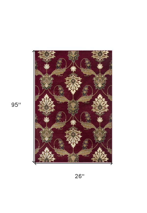 Homeroots 8' Red And Ivory Floral Runner Rug  Polypropylene 353585