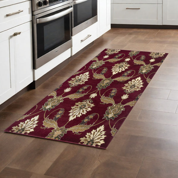 Homeroots 8' Red And Ivory Floral Runner Rug  Polypropylene 353585