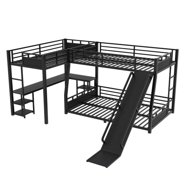 English Elm L-shaped Metal Triple Bunk Bed with Slide Desk Shelves Sleep Study Play Zone W1580S00280