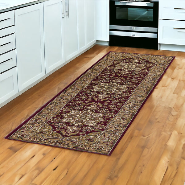 Homeroots 2' X 8' Red Or Beige Medallion Runner Rug  Polypropylene 353607