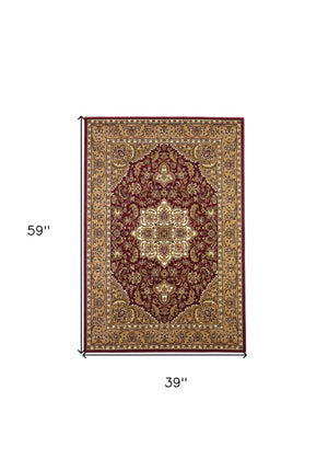 Homeroots 3' X 5' Red Beige Machine Woven Floral Medallion Indoor Area Rug  Polypropylene 353608