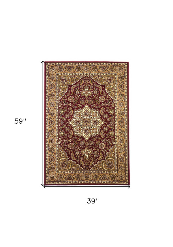 Homeroots 3' X 5' Red Beige Machine Woven Floral Medallion Indoor Area Rug  Polypropylene 353608