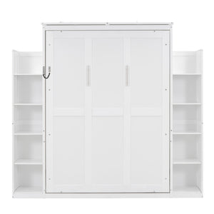 English Elm Full Size Murphy Wall Bed with Led Lighting Open Shelves Space Saving Cabinet White LP000694AAK-2