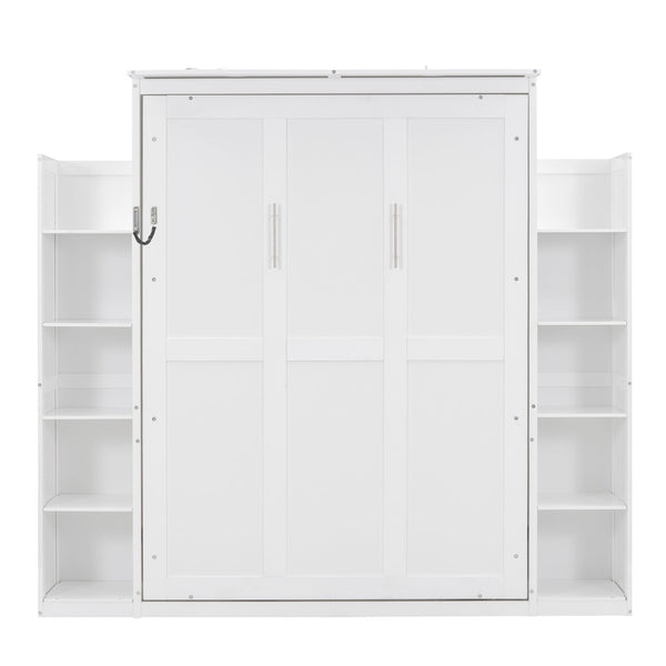 English Elm Full Size Murphy Wall Bed with Led Lighting Side Storage Cabinets and Slatted Support White LP000694AAK-1