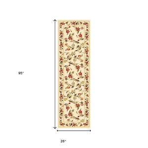 Homeroots 8' Ivory Green And Red Floral Vines Runner Rug  Polypropylene 353613