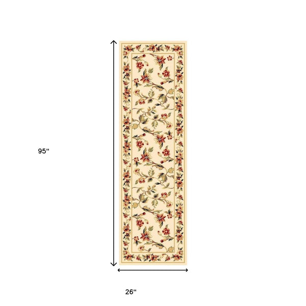 Homeroots 8' Ivory Green And Red Floral Vines Runner Rug  Polypropylene 353613