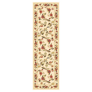 Homeroots 8' Ivory Green And Red Floral Vines Runner Rug  Polypropylene 353613
