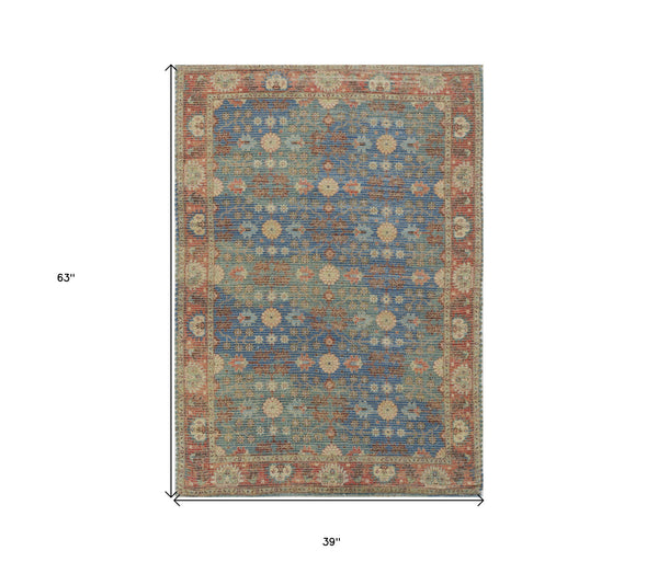 Homeroots 3' X 5' Blue And Beige Floral Hand Woven Area Rug  Jute 353628