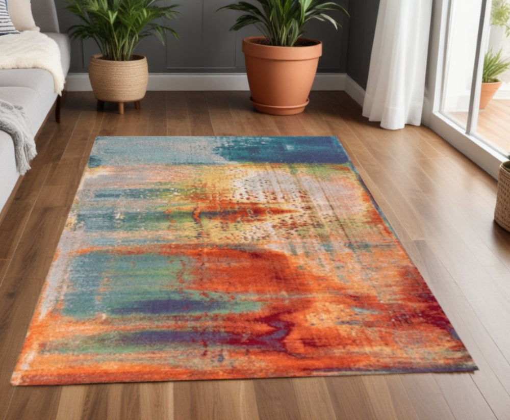 HomeRoots 8' Blue, Rust, and Orange Abstract Area Rug - Modern Design for Durable Living Room Style and Comfort 3' x 5' 353632