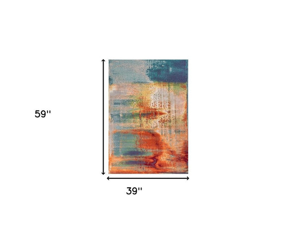 HomeRoots 8' Blue, Rust, and Orange Abstract Area Rug - Modern Design for Durable Living Room Style and Comfort 3' x 5' 353632