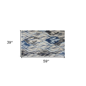 HomeRoots 8' Gray and Navy Blue Botanical Leaves Area Rug - Stylish, Durable, and Perfect for Any Room Decor 3' X 5' 353640