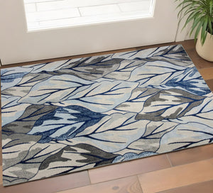 HomeRoots 8' Gray and Navy Blue Botanical Leaves Area Rug - Stylish, Durable, and Perfect for Any Room Decor 3' X 5' 353640