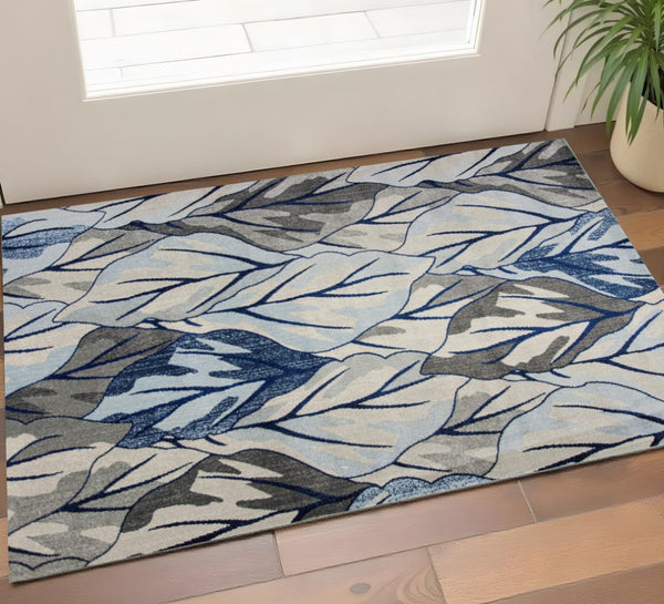 HomeRoots 8' Gray and Navy Blue Botanical Leaves Area Rug - Stylish, Durable, and Perfect for Any Room Decor 3' X 5' 353640