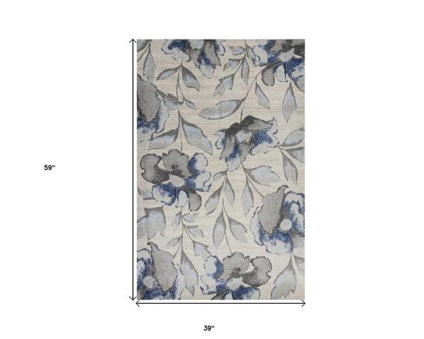 Homeroots 3' X 5' Blue And Gray Floral Vines Area Rug  Polypropylene 353645