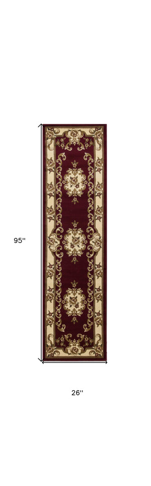 Homeroots 8' Red And Ivory Floral Border Runner Rug  Polypropylene 353667