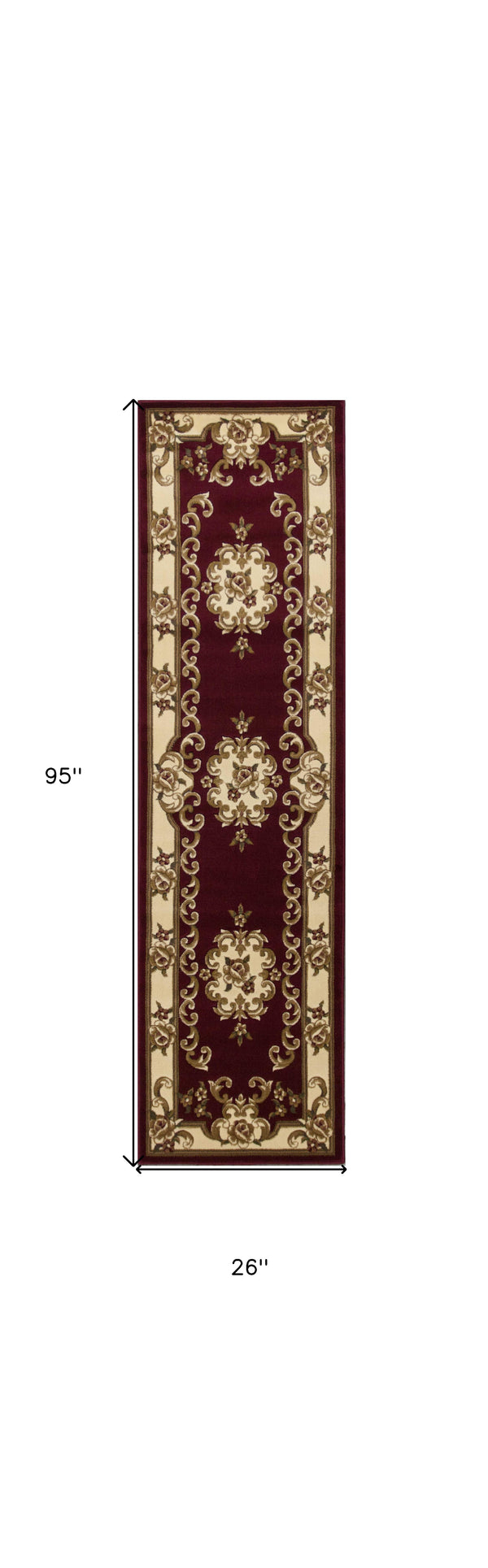 Homeroots 8' Red And Ivory Floral Border Runner Rug  Polypropylene 353667