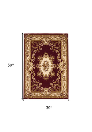 Homeroots 3' X 5' Red And Ivory Floral Border Area Rug  Polypropylene 353668