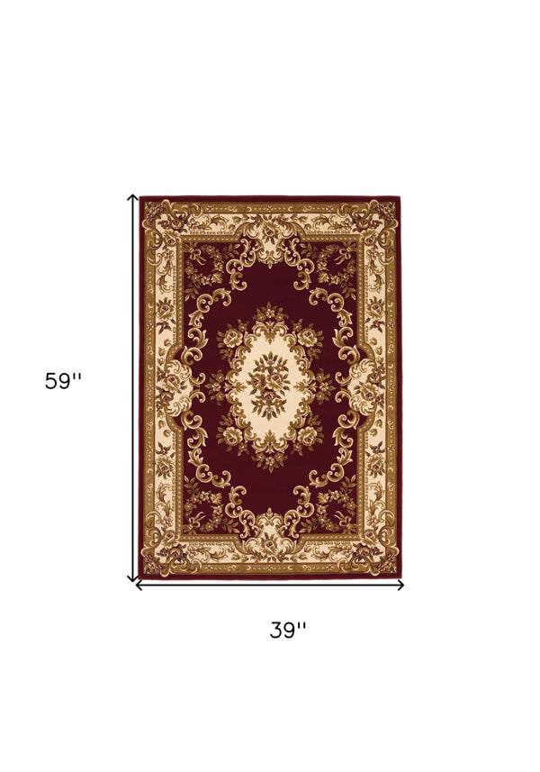 Homeroots 3' X 5' Red And Ivory Floral Border Area Rug  Polypropylene 353668