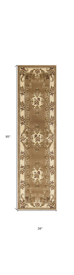 Homeroots 2' X 8' Beige Or Ivory Medallion Runner Rug  Polypropylene 353669