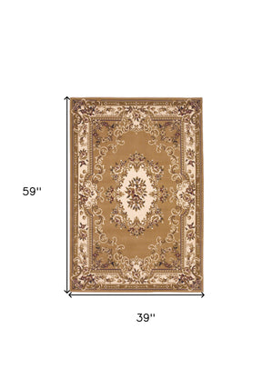 Homeroots 3' X 5' Beige Ivory Machine Woven Hand Carved Floral Medallion Indoor Area Rug  Polypropylene 353670