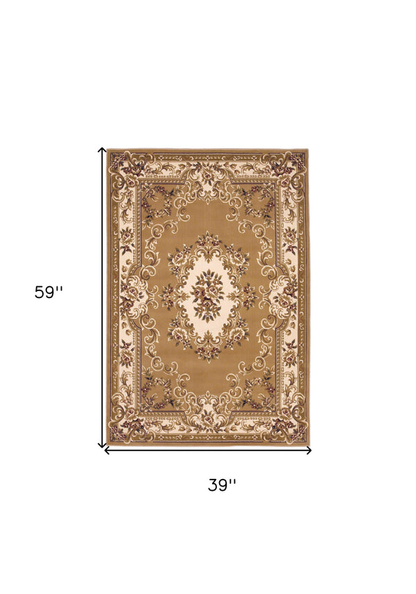 Homeroots 3' X 5' Beige Ivory Machine Woven Hand Carved Floral Medallion Indoor Area Rug  Polypropylene 353670