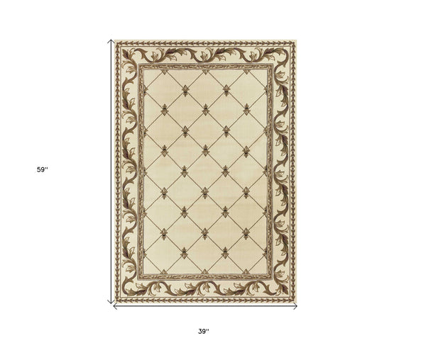 Homeroots 3' X 5' Ivory Machine Woven Hand Carved Fleur De Lis Indoor Area Rug  Polypropylene 353684